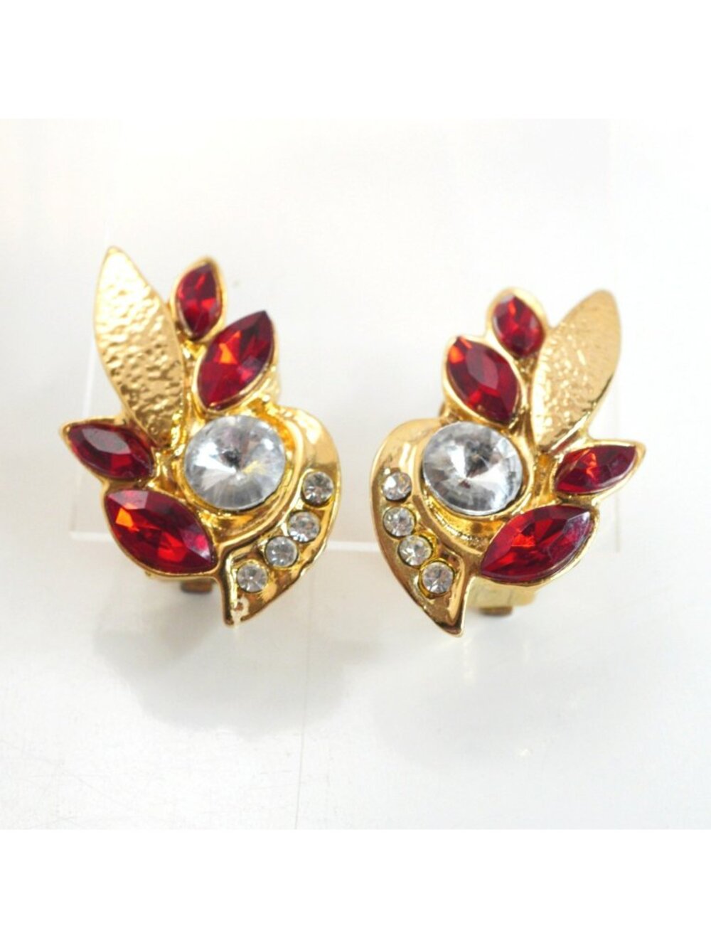 Vintage Red Clear Rhinestone Clip On Earrings Gold Tone Leaf Spray Design